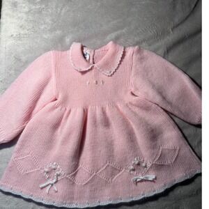 Angel Wear Vintage Pink Knit Baby Dress 18M  Pearl Ribbon Bow Portugal